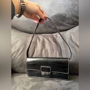 Vintage Black Croc Embossed Shoulder Bag Y2K Baguette Purse Silver Buckle